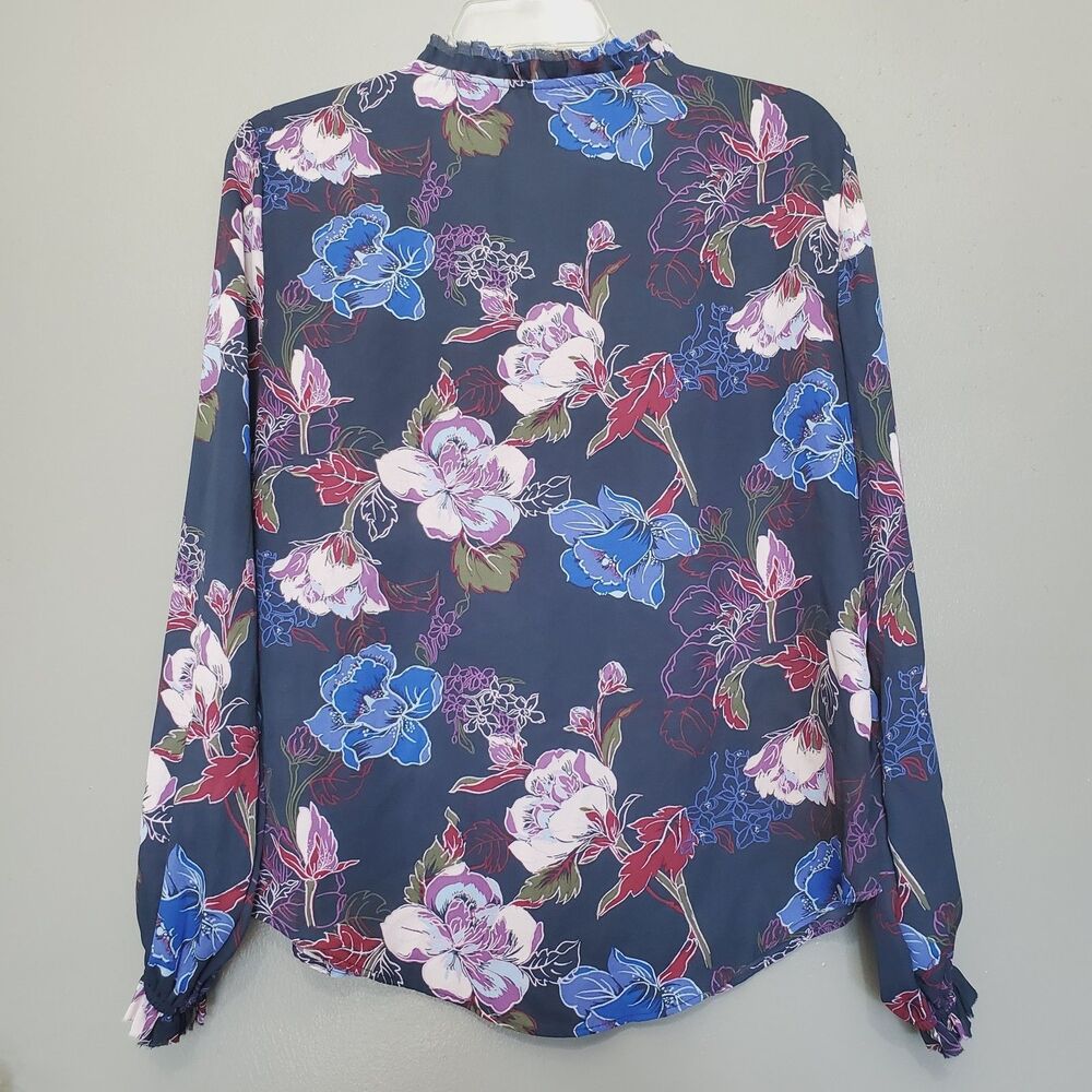 Joe Fresh Blouse Womens Size XS Blue Floral Sheer Tie Neck Sheer Top Pullover - Picture 2 of 9